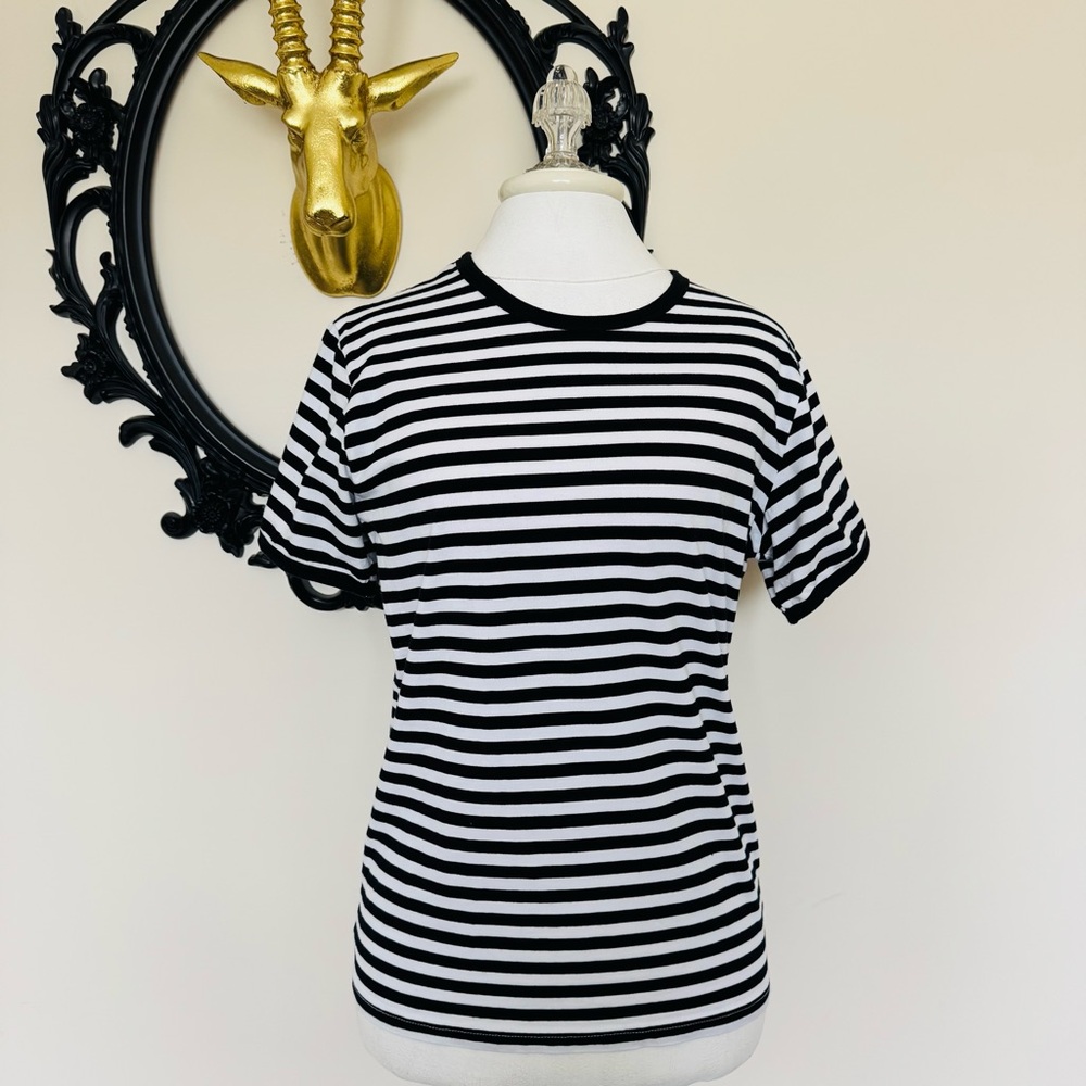 Mantis Family Black and White Horizontal Striped Short Sleeve Shirt